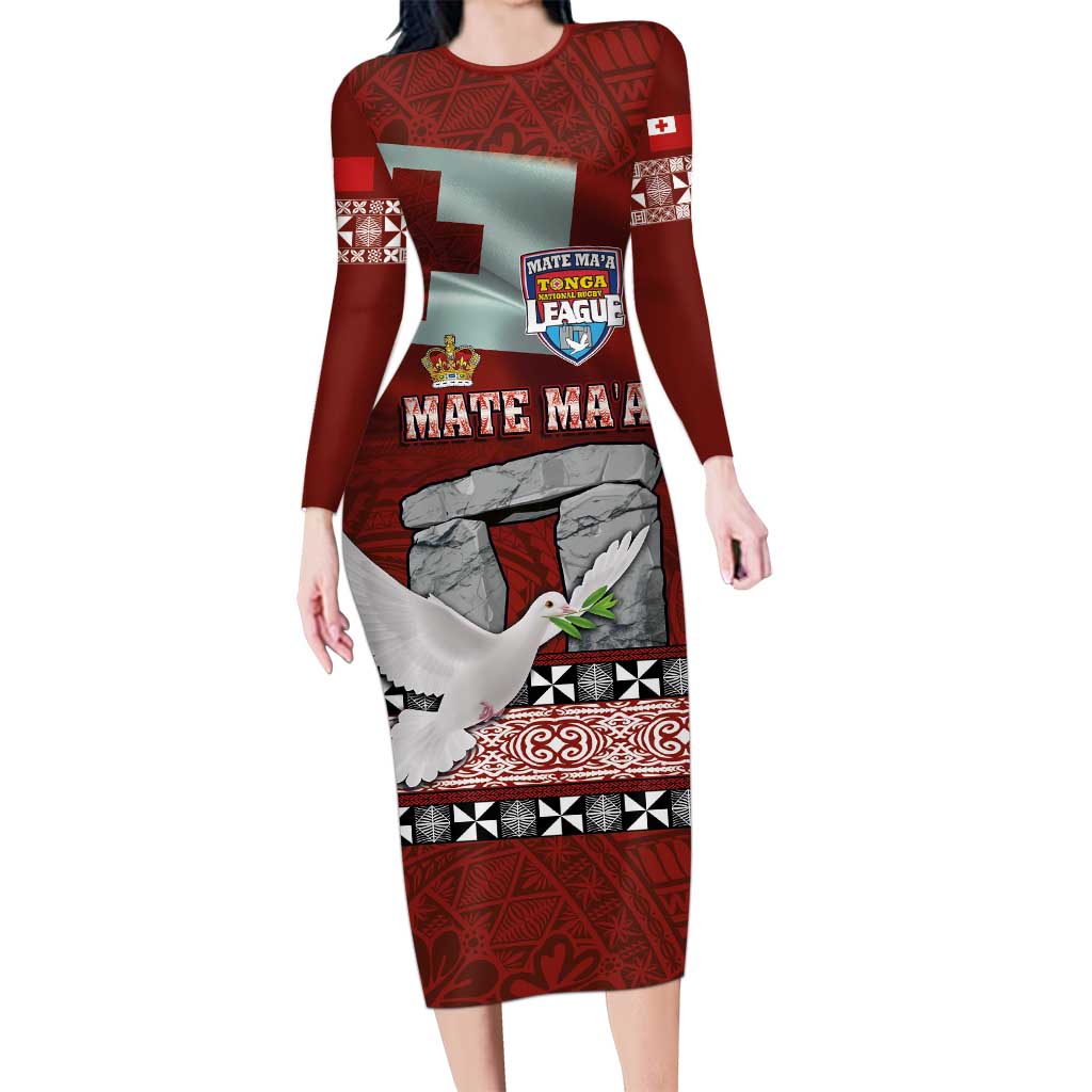 Mate Ma'a Tonga Family Matching Long Sleeve Bodycon Dress and Hawaiian Shirt Haamonga a Maui and White Dove - Tongan Kupesi Ngatu LT03 Mom's Dress Red - Polynesian Pride