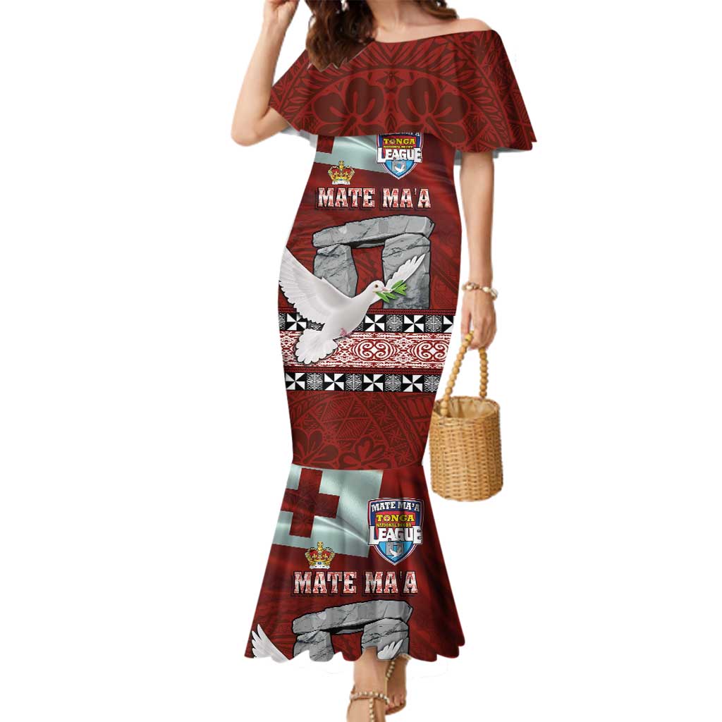 Mate Ma'a Tonga Family Matching Mermaid Dress and Hawaiian Shirt Haamonga a Maui and White Dove - Tongan Kupesi Ngatu LT03 Mom's Dress Red - Polynesian Pride