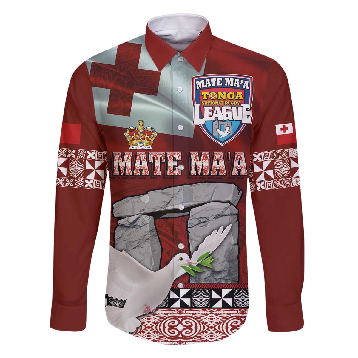 Mate Ma'a Tonga Family Matching Off The Shoulder Long Sleeve Dress and Hawaiian Shirt Haamonga a Maui and White Dove - Tongan Kupesi Ngatu LT03 Dad's Shirt - Long Sleeve Red - Polynesian Pride