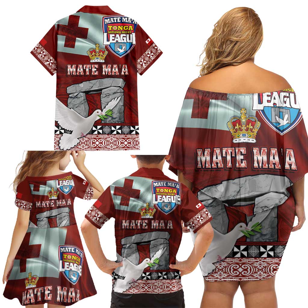Mate Ma'a Tonga Family Matching Off Shoulder Short Dress and Hawaiian Shirt Haamonga a Maui and White Dove - Tongan Kupesi Ngatu LT03 - Polynesian Pride