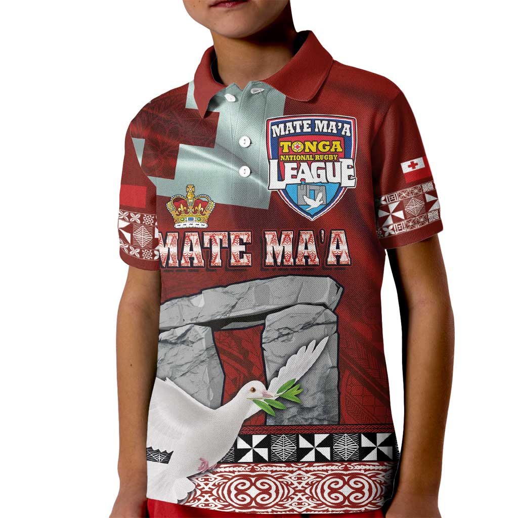 Mate Ma'a Tonga Kids Polo Shirt - Ha'amonga a Maui and White Dove - Tongan Kupesi Ngatu LT03 Kid Red - Polynesian Pride