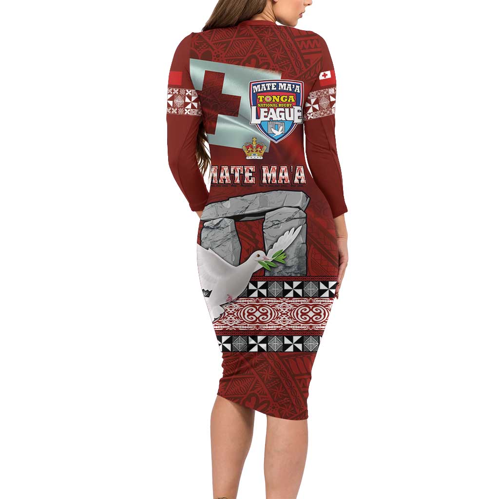 Mate Ma'a Tonga Long Sleeve Bodycon Dress Haamonga a Maui and White Dove - Tongan Kupesi Ngatu LT03 - Polynesian Pride
