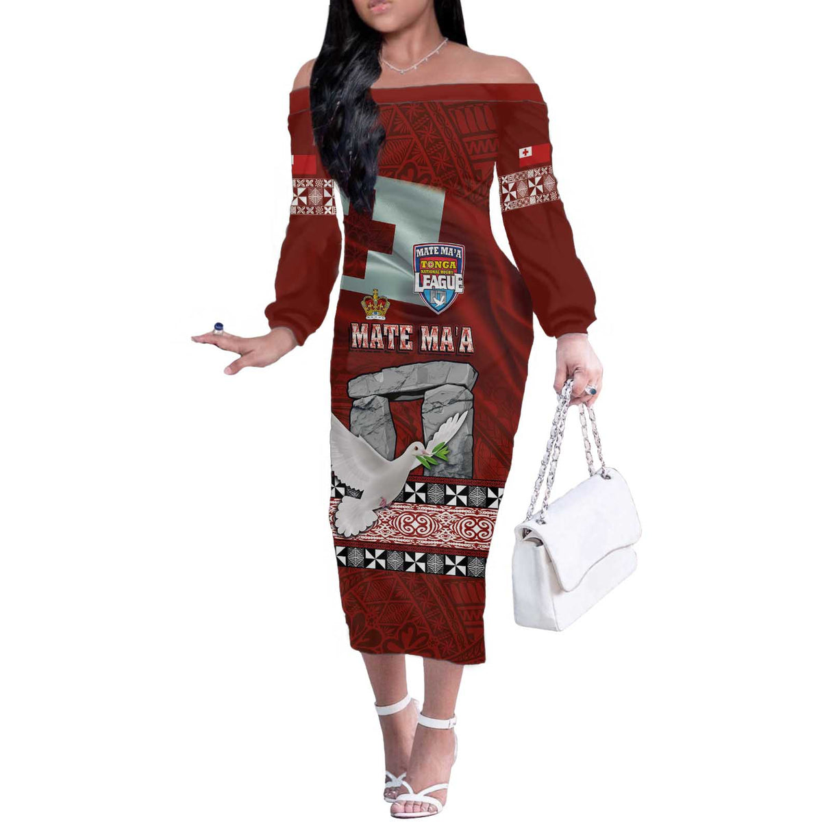 Mate Ma'a Tonga Off The Shoulder Long Sleeve Dress Haamonga a Maui and White Dove - Tongan Kupesi Ngatu LT03 Women Red - Polynesian Pride