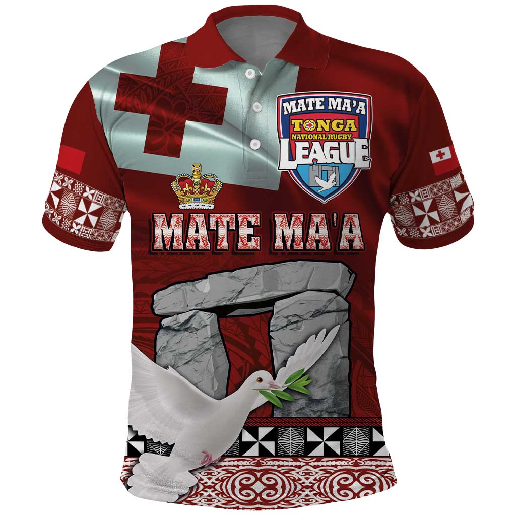 Mate Ma'a Tonga Polo Shirt - Ha'amonga a Maui and White Dove - Tongan Kupesi Ngatu LT03 Red - Polynesian Pride