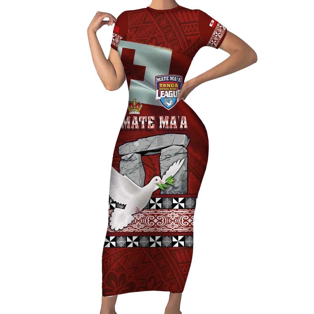 Mate Ma'a Tonga Short Sleeve Bodycon Dress Haamonga a Maui and White Dove - Tongan Kupesi Ngatu LT03 Long Dress Red - Polynesian Pride