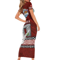 Mate Ma'a Tonga Short Sleeve Bodycon Dress Haamonga a Maui and White Dove - Tongan Kupesi Ngatu LT03 - Polynesian Pride