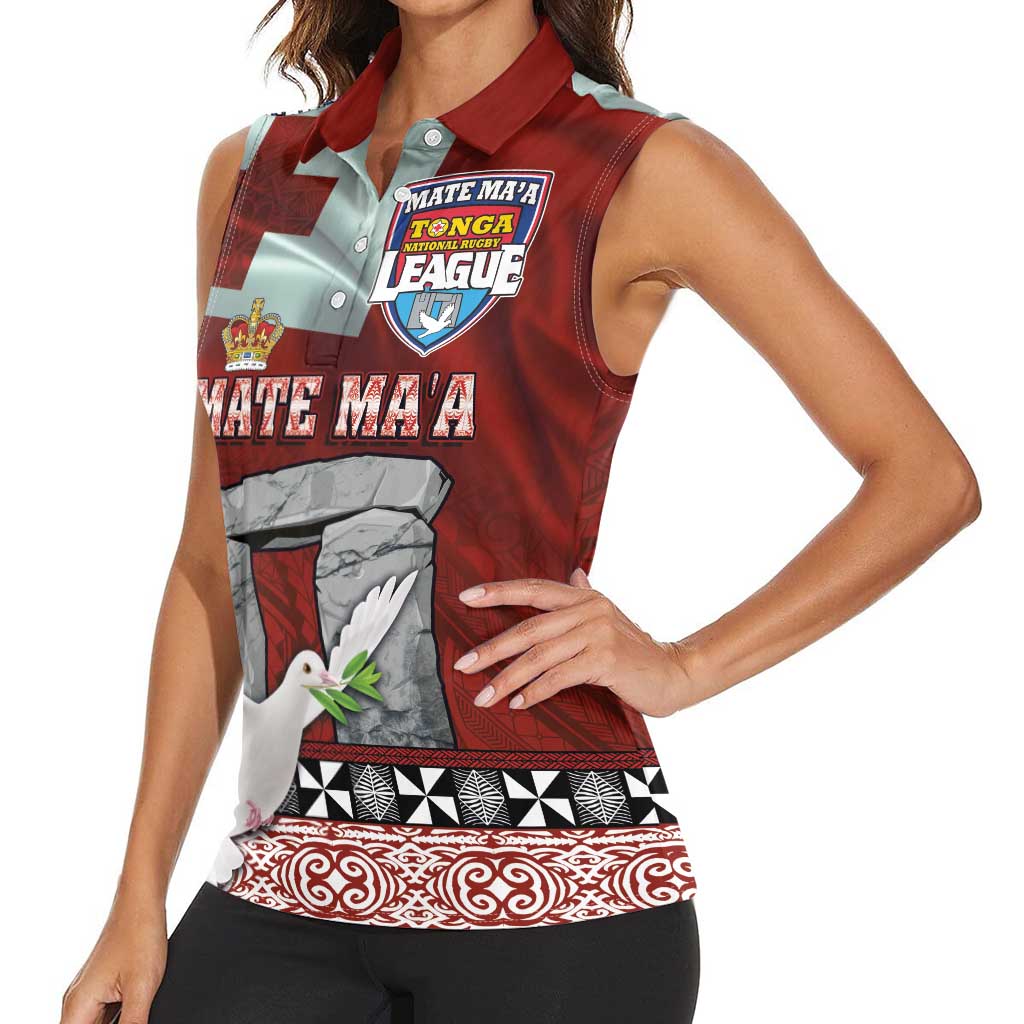 Mate Ma'a Tonga Women Sleeveless Polo Shirt - Ha'amonga a Maui and White Dove - Tongan Kupesi Ngatu LT03 - Polynesian Pride