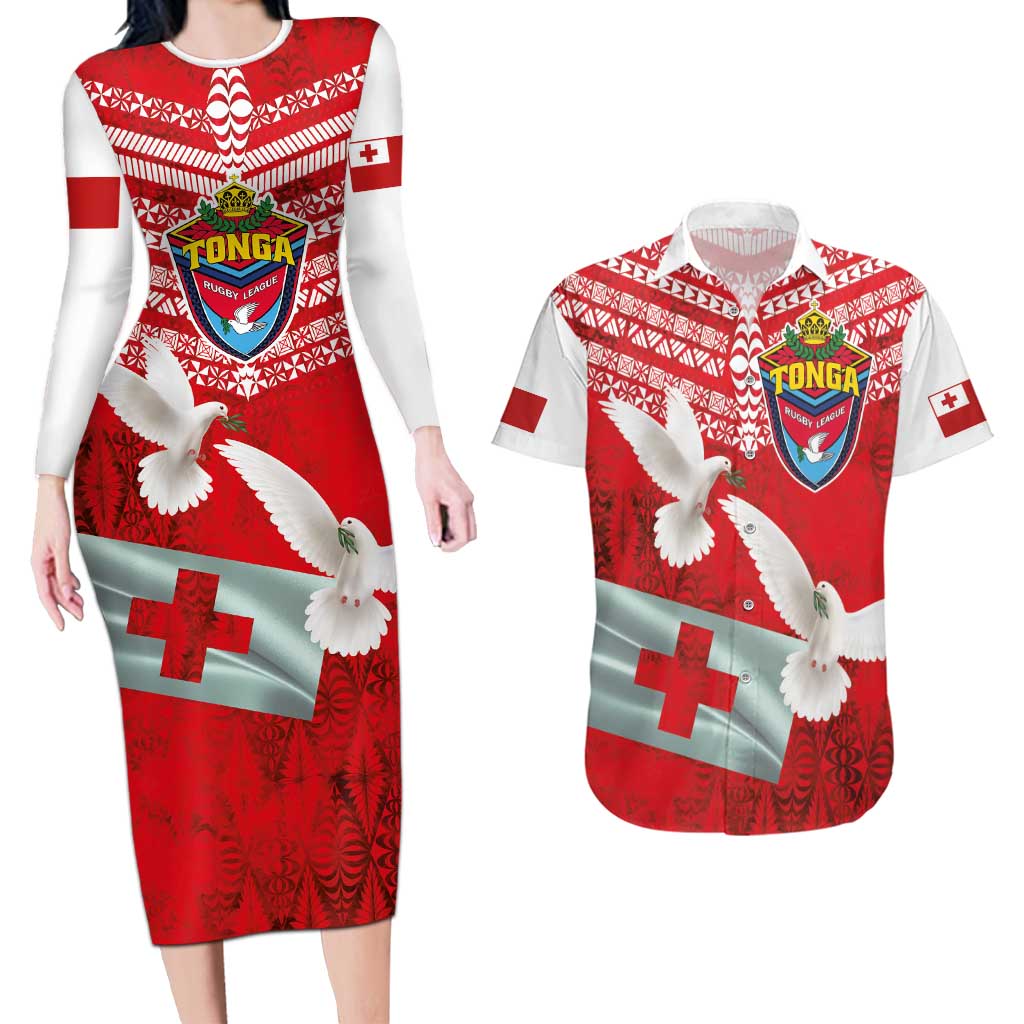 Mate Ma'a Tonga Couples Matching Long Sleeve Bodycon Dress and Hawaiian Shirt Double White Dove and Kupesi Ngatu Art Tattoo LT03 Red - Polynesian Pride
