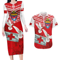 Mate Ma'a Tonga Couples Matching Long Sleeve Bodycon Dress and Hawaiian Shirt Double White Dove and Kupesi Ngatu Art Tattoo LT03 Red - Polynesian Pride