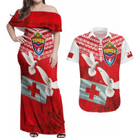Mate Ma'a Tonga Couples Matching Off Shoulder Maxi Dress and Hawaiian Shirt Double White Dove and Kupesi Ngatu Art Tattoo LT03 Red - Polynesian Pride