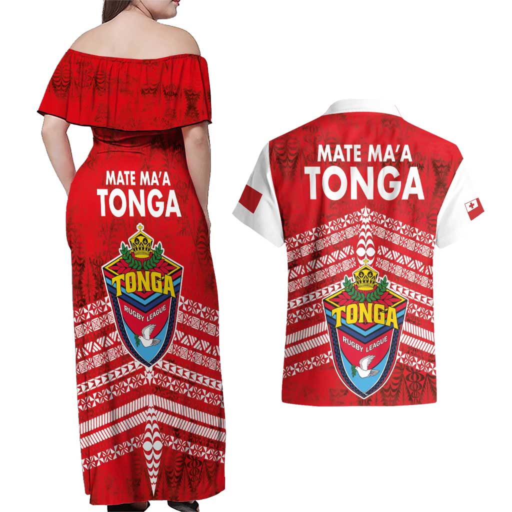 Mate Ma'a Tonga Couples Matching Off Shoulder Maxi Dress and Hawaiian Shirt Double White Dove and Kupesi Ngatu Art Tattoo LT03 - Polynesian Pride