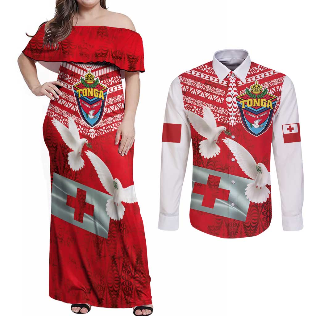 Mate Ma'a Tonga Couples Matching Off Shoulder Maxi Dress and Long Sleeve Button Shirt Double White Dove and Kupesi Ngatu Art Tattoo LT03 Red - Polynesian Pride