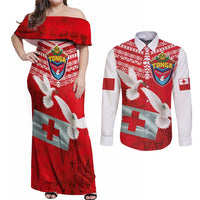 Mate Ma'a Tonga Couples Matching Off Shoulder Maxi Dress and Long Sleeve Button Shirt Double White Dove and Kupesi Ngatu Art Tattoo LT03 Red - Polynesian Pride
