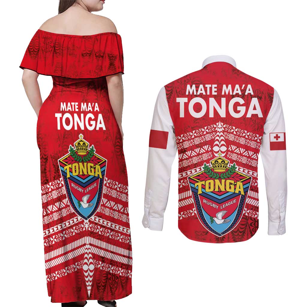 Mate Ma'a Tonga Couples Matching Off Shoulder Maxi Dress and Long Sleeve Button Shirt Double White Dove and Kupesi Ngatu Art Tattoo LT03 - Polynesian Pride