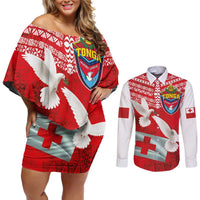 Mate Ma'a Tonga Couples Matching Off Shoulder Short Dress and Long Sleeve Button Shirt Double White Dove and Kupesi Ngatu Art Tattoo LT03 Red - Polynesian Pride
