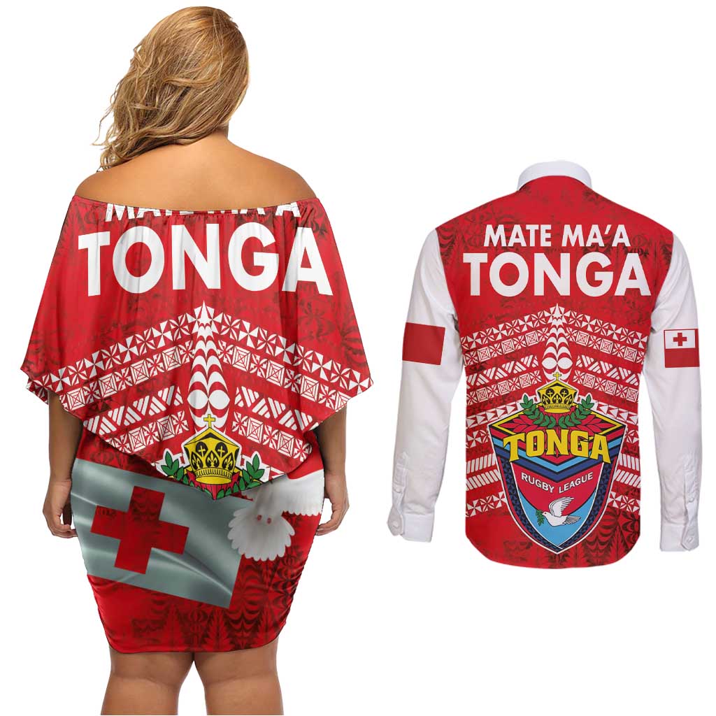 Mate Ma'a Tonga Couples Matching Off Shoulder Short Dress and Long Sleeve Button Shirt Double White Dove and Kupesi Ngatu Art Tattoo LT03 - Polynesian Pride