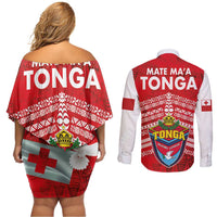 Mate Ma'a Tonga Couples Matching Off Shoulder Short Dress and Long Sleeve Button Shirt Double White Dove and Kupesi Ngatu Art Tattoo LT03 - Polynesian Pride