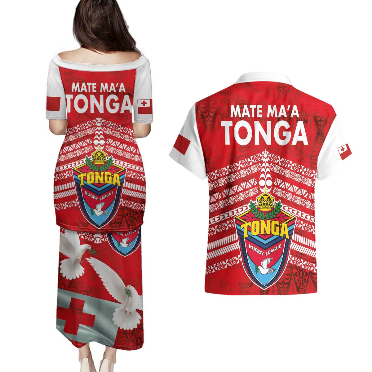 Mate Ma'a Tonga Couples Matching Puletasi and Hawaiian Shirt Double White Dove and Kupesi Ngatu Art Tattoo LT03 - Polynesian Pride