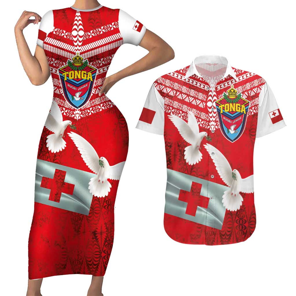 Mate Ma'a Tonga Couples Matching Short Sleeve Bodycon Dress and Hawaiian Shirt Double White Dove and Kupesi Ngatu Art Tattoo LT03 Red - Polynesian Pride