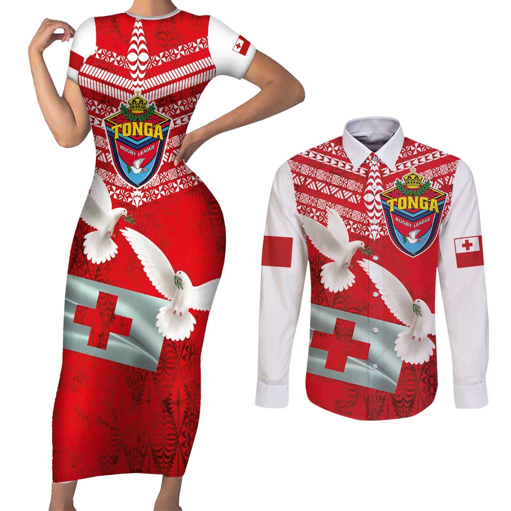 Mate Ma'a Tonga Couples Matching Short Sleeve Bodycon Dress and Long Sleeve Button Shirt Double White Dove and Kupesi Ngatu Art Tattoo LT03 Red - Polynesian Pride