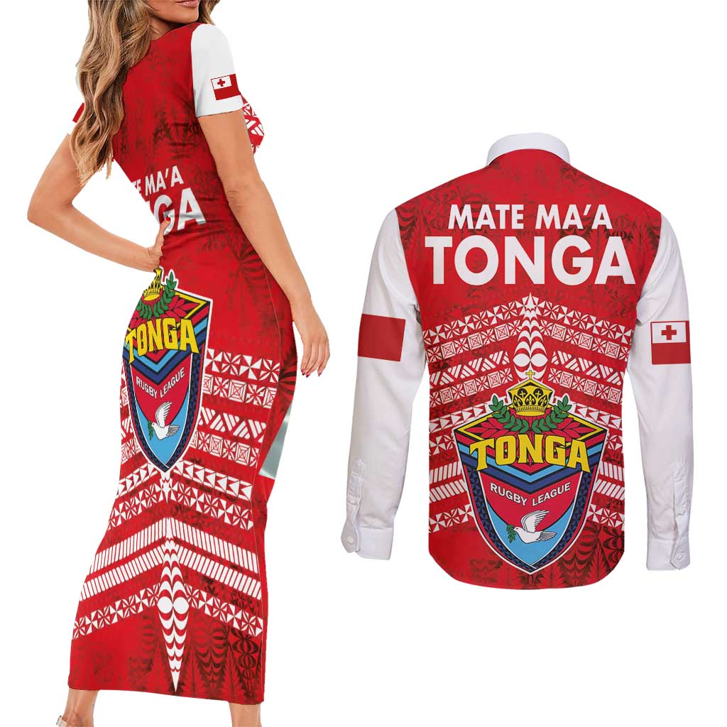 Mate Ma'a Tonga Couples Matching Short Sleeve Bodycon Dress and Long Sleeve Button Shirt Double White Dove and Kupesi Ngatu Art Tattoo LT03 - Polynesian Pride