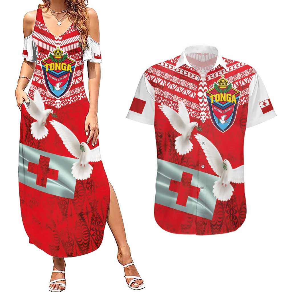 Mate Ma'a Tonga Couples Matching Summer Maxi Dress and Hawaiian Shirt Double White Dove and Kupesi Ngatu Art Tattoo LT03 Red - Polynesian Pride