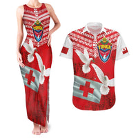 Mate Ma'a Tonga Couples Matching Tank Maxi Dress and Hawaiian Shirt Double White Dove and Kupesi Ngatu Art Tattoo LT03 Red - Polynesian Pride