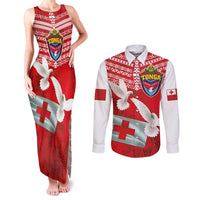 Mate Ma'a Tonga Couples Matching Tank Maxi Dress and Long Sleeve Button Shirt Double White Dove and Kupesi Ngatu Art Tattoo LT03 Red - Polynesian Pride