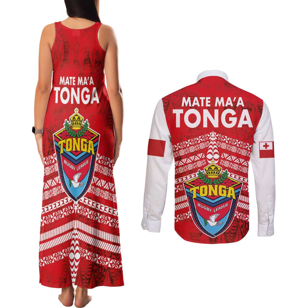 Mate Ma'a Tonga Couples Matching Tank Maxi Dress and Long Sleeve Button Shirt Double White Dove and Kupesi Ngatu Art Tattoo LT03 - Polynesian Pride