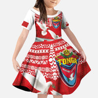 Mate Ma'a Tonga Family Matching Long Sleeve Bodycon Dress and Hawaiian Shirt Double White Dove and Kupesi Ngatu Art Tattoo LT03 Daughter's Dress Red - Polynesian Pride