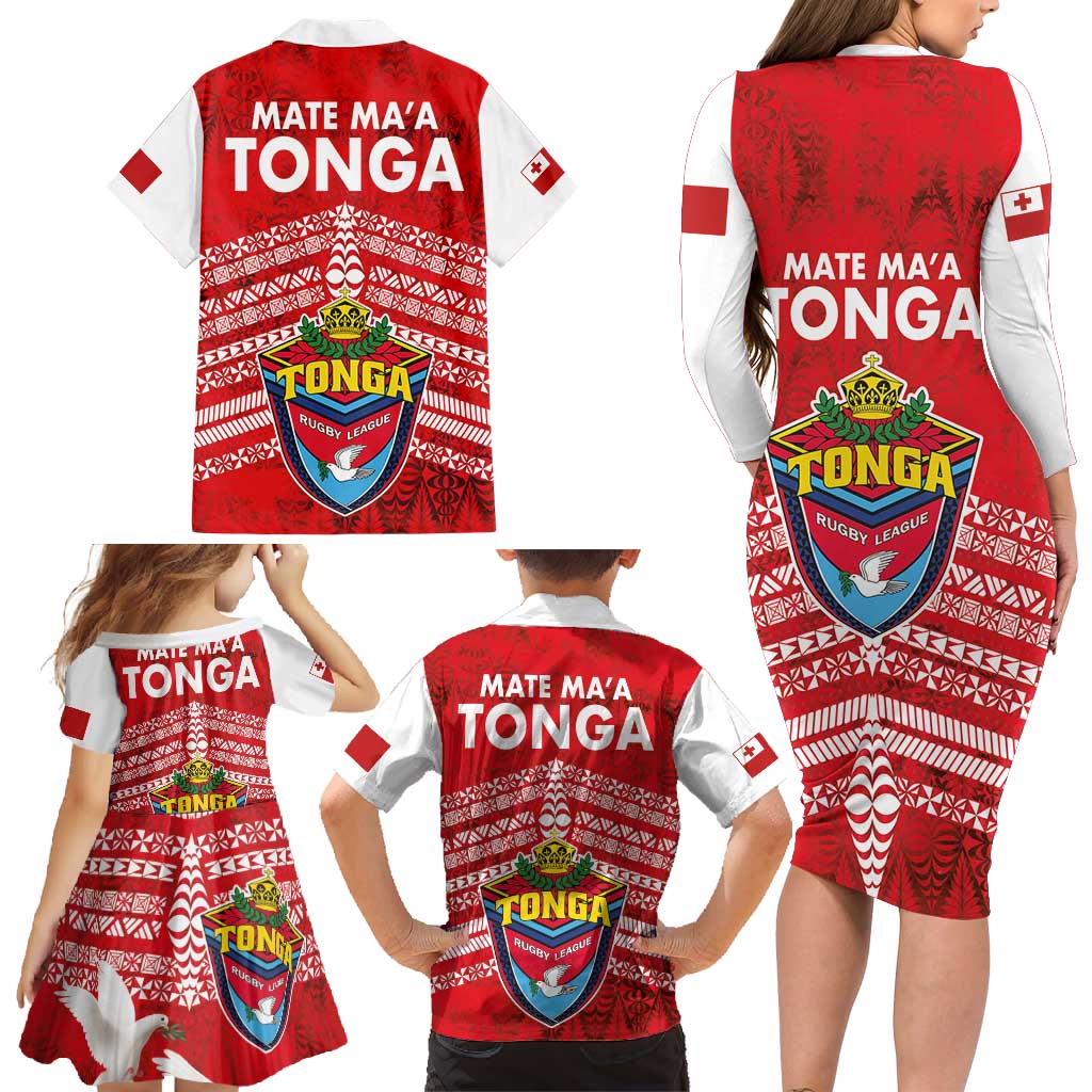 Mate Ma'a Tonga Family Matching Long Sleeve Bodycon Dress and Hawaiian Shirt Double White Dove and Kupesi Ngatu Art Tattoo LT03 - Polynesian Pride
