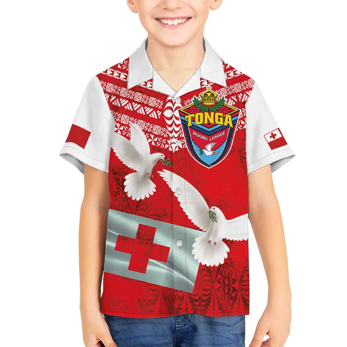 Mate Ma'a Tonga Family Matching Off The Shoulder Long Sleeve Dress and Hawaiian Shirt Double White Dove and Kupesi Ngatu Art Tattoo LT03 Son's Shirt Red - Polynesian Pride