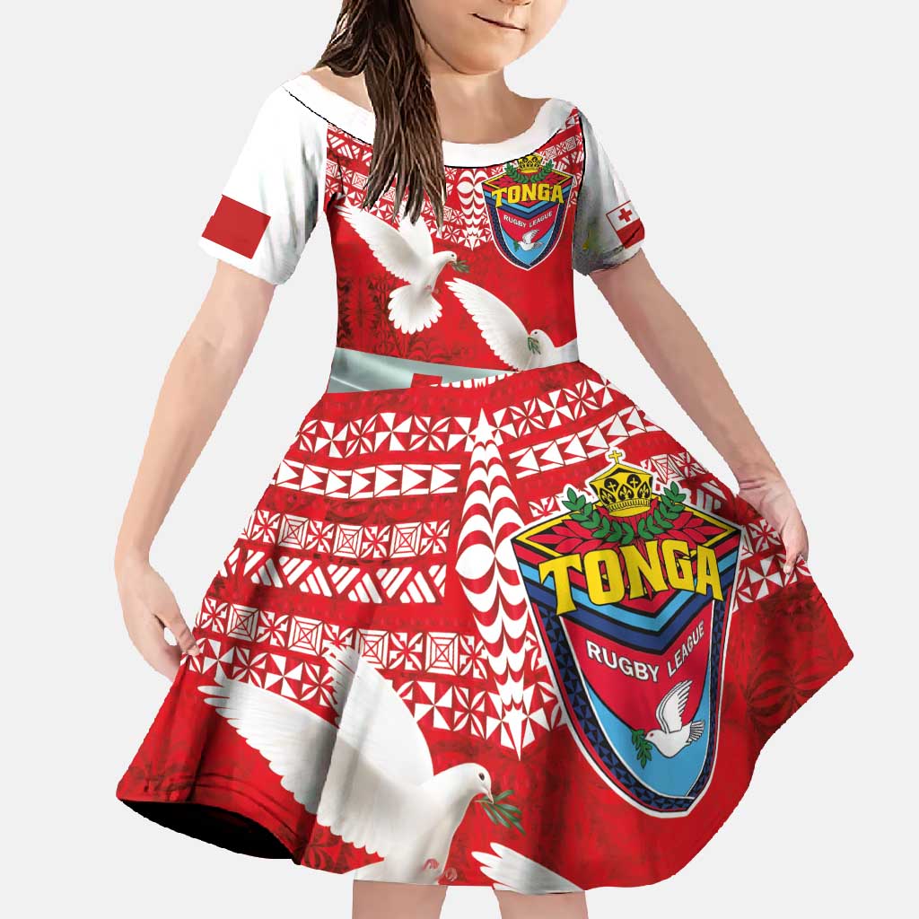 Mate Ma'a Tonga Family Matching Off Shoulder Maxi Dress and Hawaiian Shirt Double White Dove and Kupesi Ngatu Art Tattoo LT03 Daughter's Dress Red - Polynesian Pride