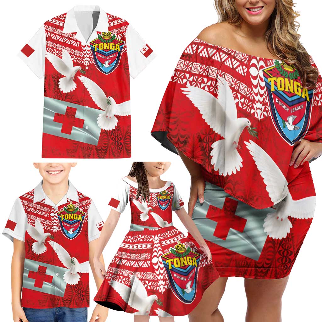 Mate Ma'a Tonga Family Matching Off Shoulder Short Dress and Hawaiian Shirt Double White Dove and Kupesi Ngatu Art Tattoo LT03 - Polynesian Pride