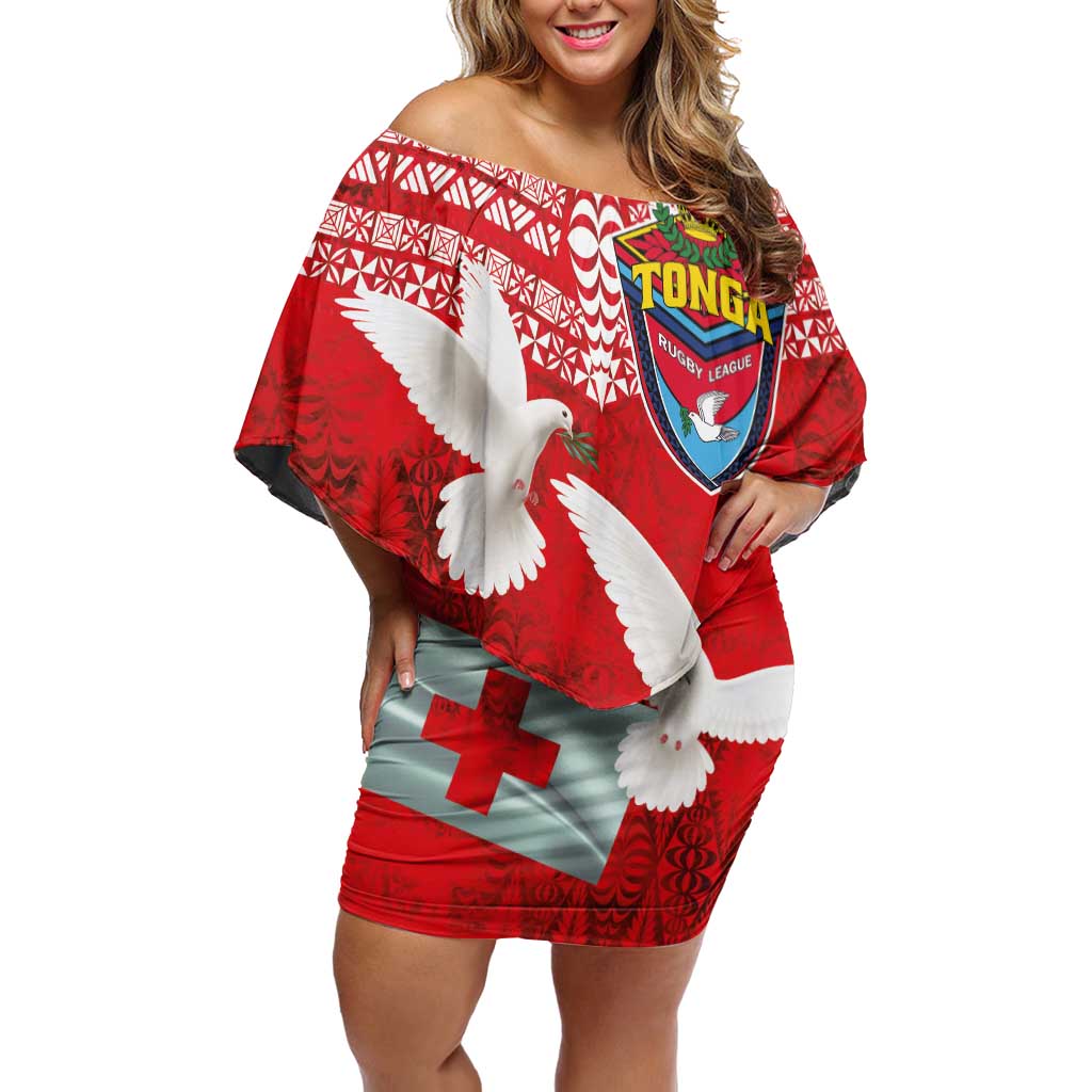 Mate Ma'a Tonga Family Matching Off Shoulder Short Dress and Hawaiian Shirt Double White Dove and Kupesi Ngatu Art Tattoo LT03 Mom's Dress Red - Polynesian Pride