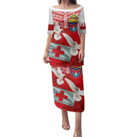 Mate Ma'a Tonga Family Matching Puletasi and Hawaiian Shirt Double White Dove and Kupesi Ngatu Art Tattoo LT03 Mom's Dress Red - Polynesian Pride