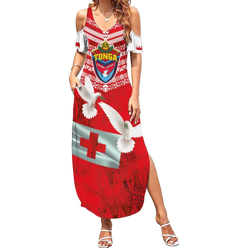 Mate Ma'a Tonga Family Matching Summer Maxi Dress and Hawaiian Shirt Double White Dove and Kupesi Ngatu Art Tattoo LT03 Mom's Dress Red - Polynesian Pride