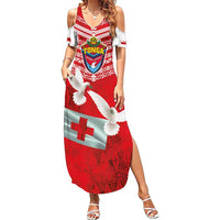 Mate Ma'a Tonga Family Matching Summer Maxi Dress and Hawaiian Shirt Double White Dove and Kupesi Ngatu Art Tattoo LT03 Mom's Dress Red - Polynesian Pride