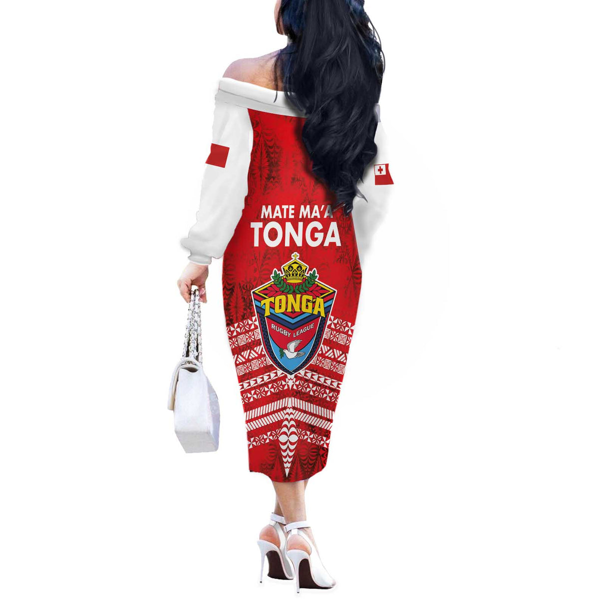 Mate Ma'a Tonga Off The Shoulder Long Sleeve Dress Double White Dove and Kupesi Ngatu Art Tattoo LT03 - Polynesian Pride
