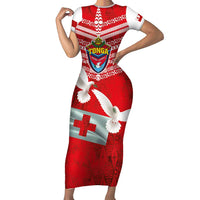 Mate Ma'a Tonga Short Sleeve Bodycon Dress Double White Dove and Kupesi Ngatu Art Tattoo LT03 Long Dress Red - Polynesian Pride