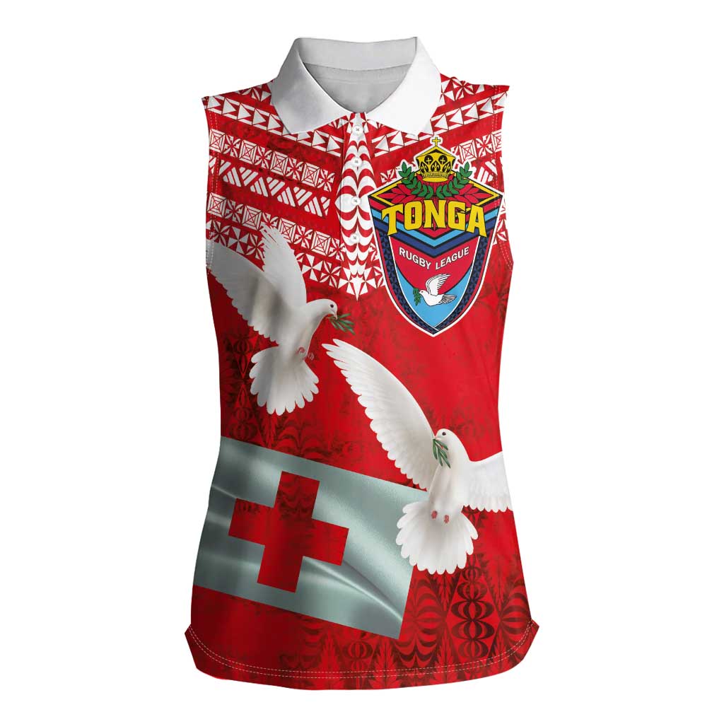 Mate Ma'a Tonga Women Sleeveless Polo Shirt - Double White Dove and Kupesi Ngatu Art Tattoo LT03 Female Red - Polynesian Pride