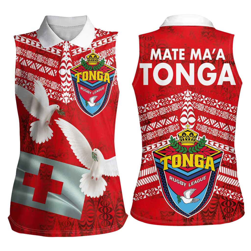 Mate Ma'a Tonga Women Sleeveless Polo Shirt - Double White Dove and Kupesi Ngatu Art Tattoo LT03 - Polynesian Pride