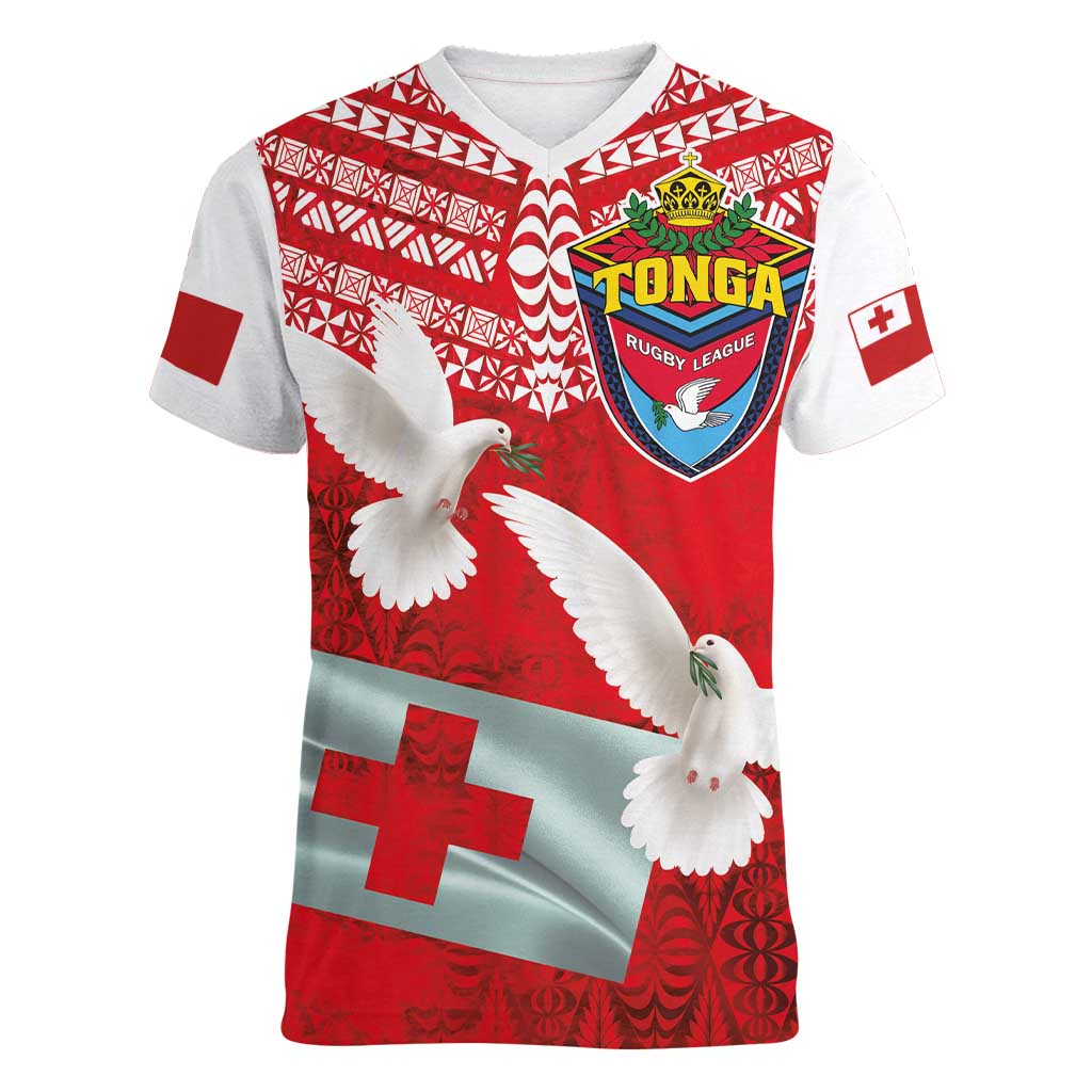 Mate Ma'a Tonga Women V-Neck T-Shirt Double White Dove and Kupesi Ngatu Art Tattoo LT03 Female Red - Polynesian Pride