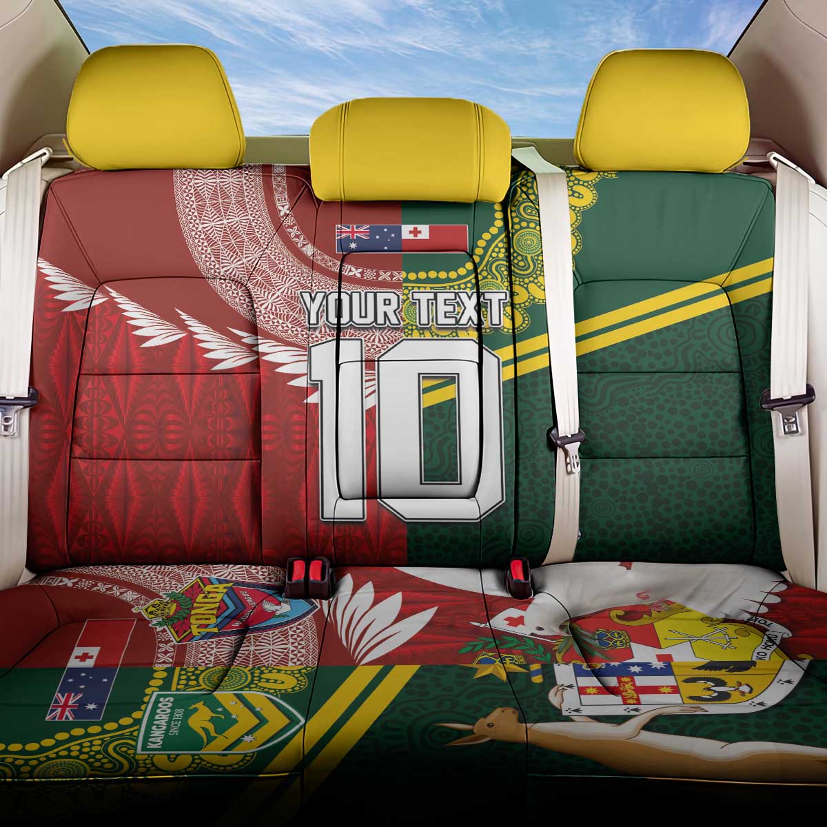 Custom Mate Ma'a Tonga and Australia Kangaroo Back Car Seat Cover Nation Seal with Mascot Aboriginal and Tongan Kupesi Ngatu Art LT03 One Size Red - Polynesian Pride