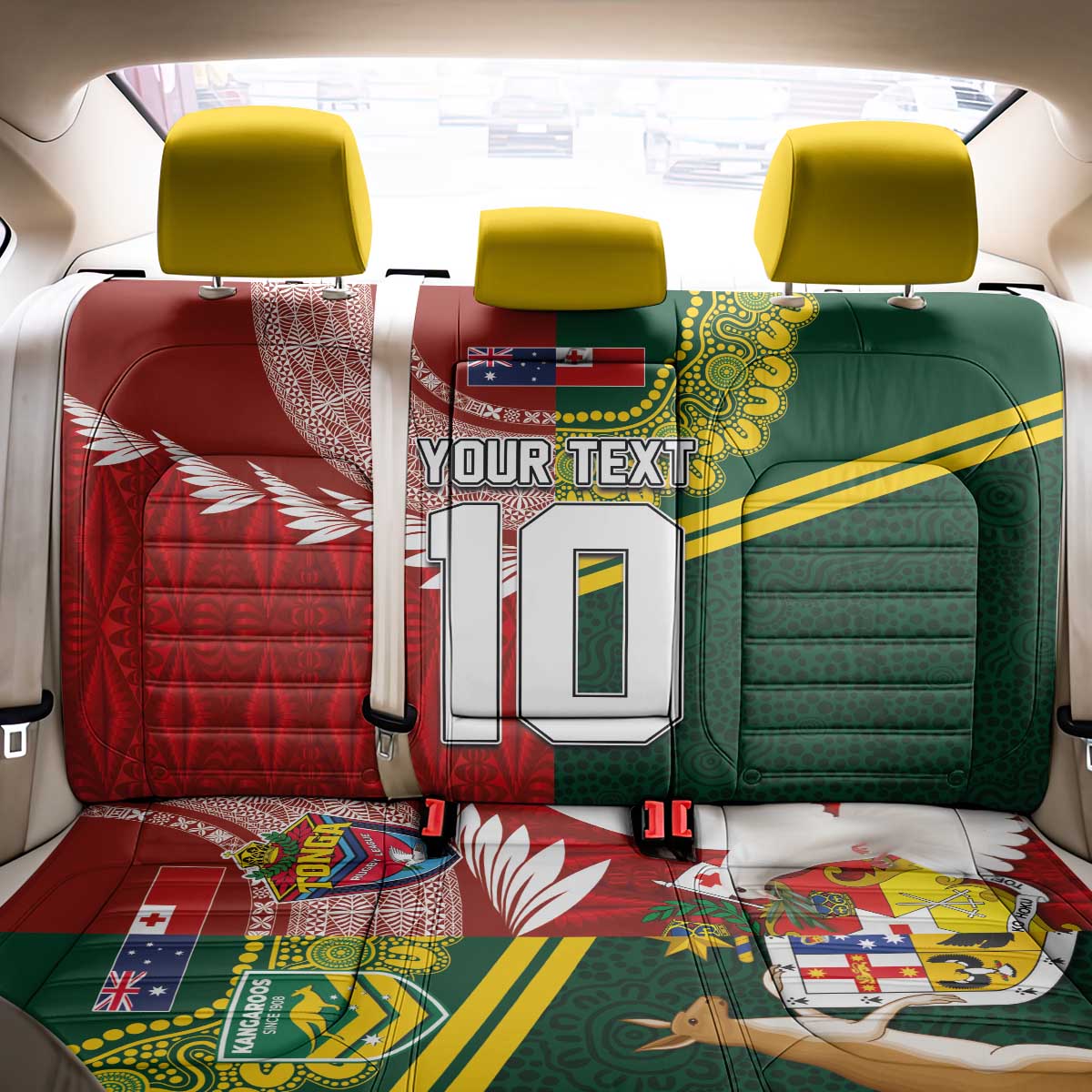Custom Mate Ma'a Tonga and Australia Kangaroo Back Car Seat Cover Nation Seal with Mascot Aboriginal and Tongan Kupesi Ngatu Art LT03 - Polynesian Pride
