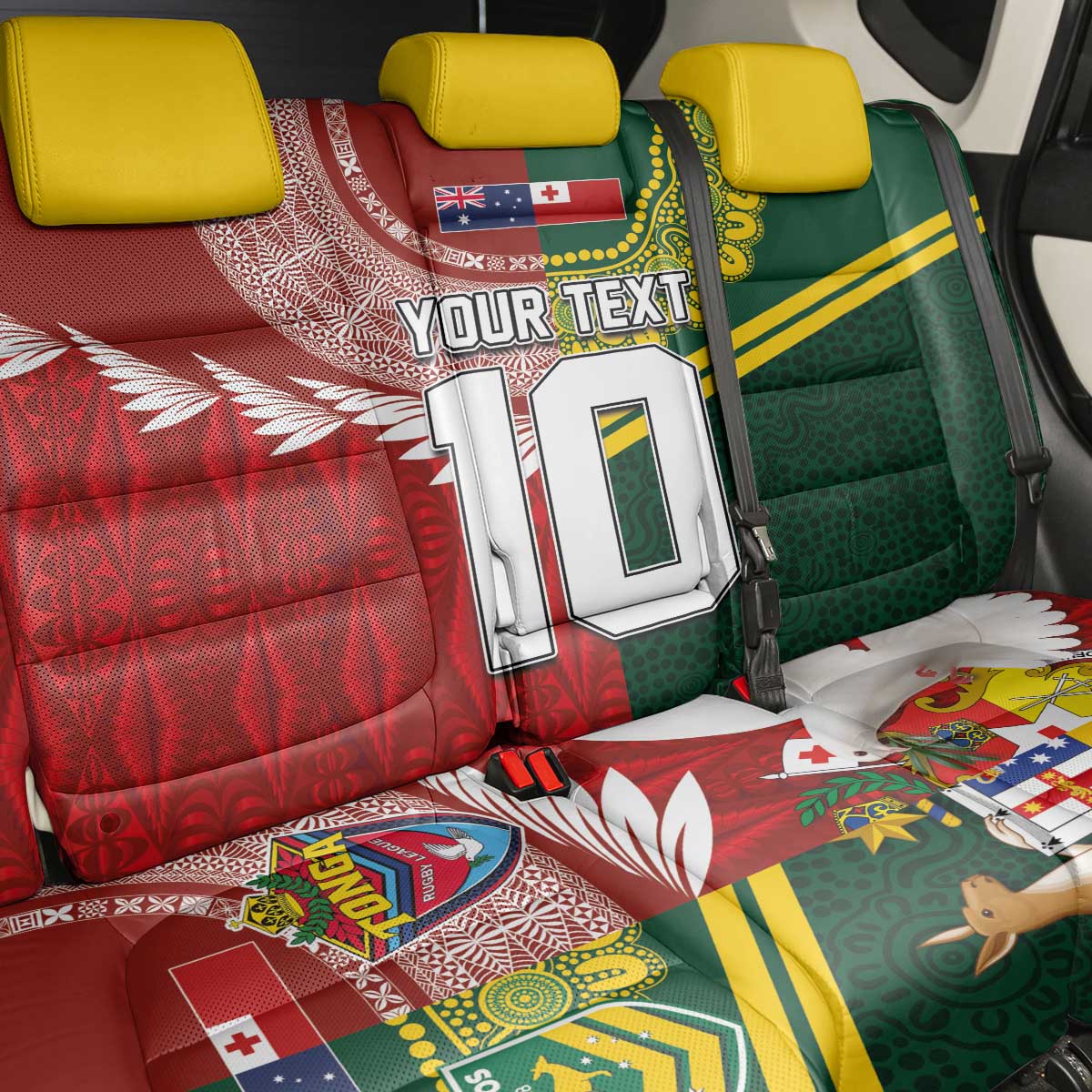 Custom Mate Ma'a Tonga and Australia Kangaroo Back Car Seat Cover Nation Seal with Mascot Aboriginal and Tongan Kupesi Ngatu Art LT03 - Polynesian Pride
