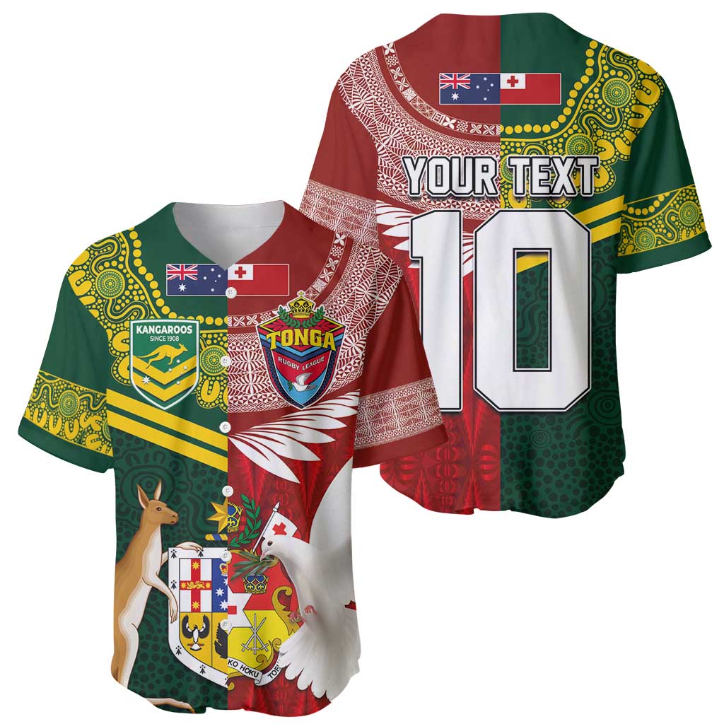 Custom Mate Ma'a Tonga and Australia Kangaroo Baseball Jersey Nation Seal with Mascot Aboriginal and Tongan Kupesi Ngatu Art LT03 - Polynesian Pride