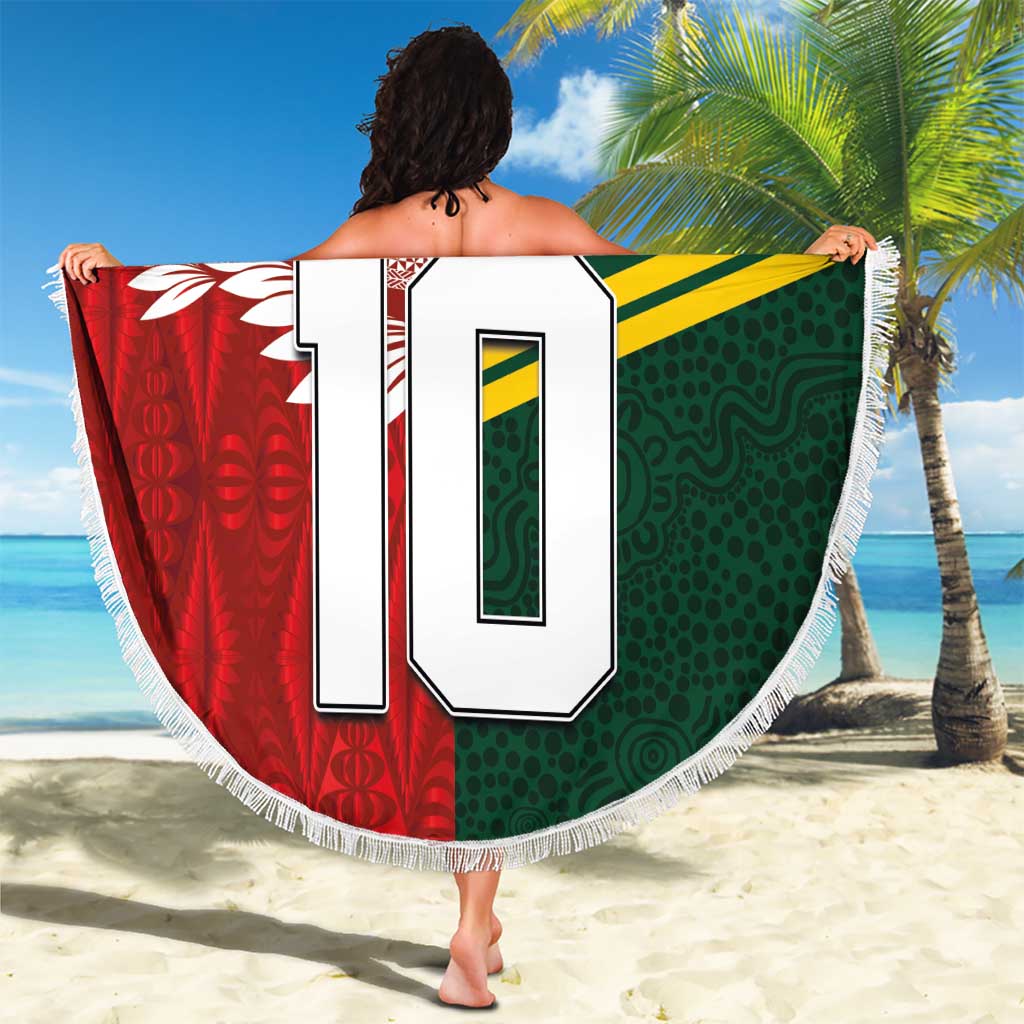 Custom Mate Ma'a Tonga and Australia Kangaroo Beach Blanket Nation Seal with Mascot Aboriginal and Tongan Kupesi Ngatu Art LT03 - Polynesian Pride