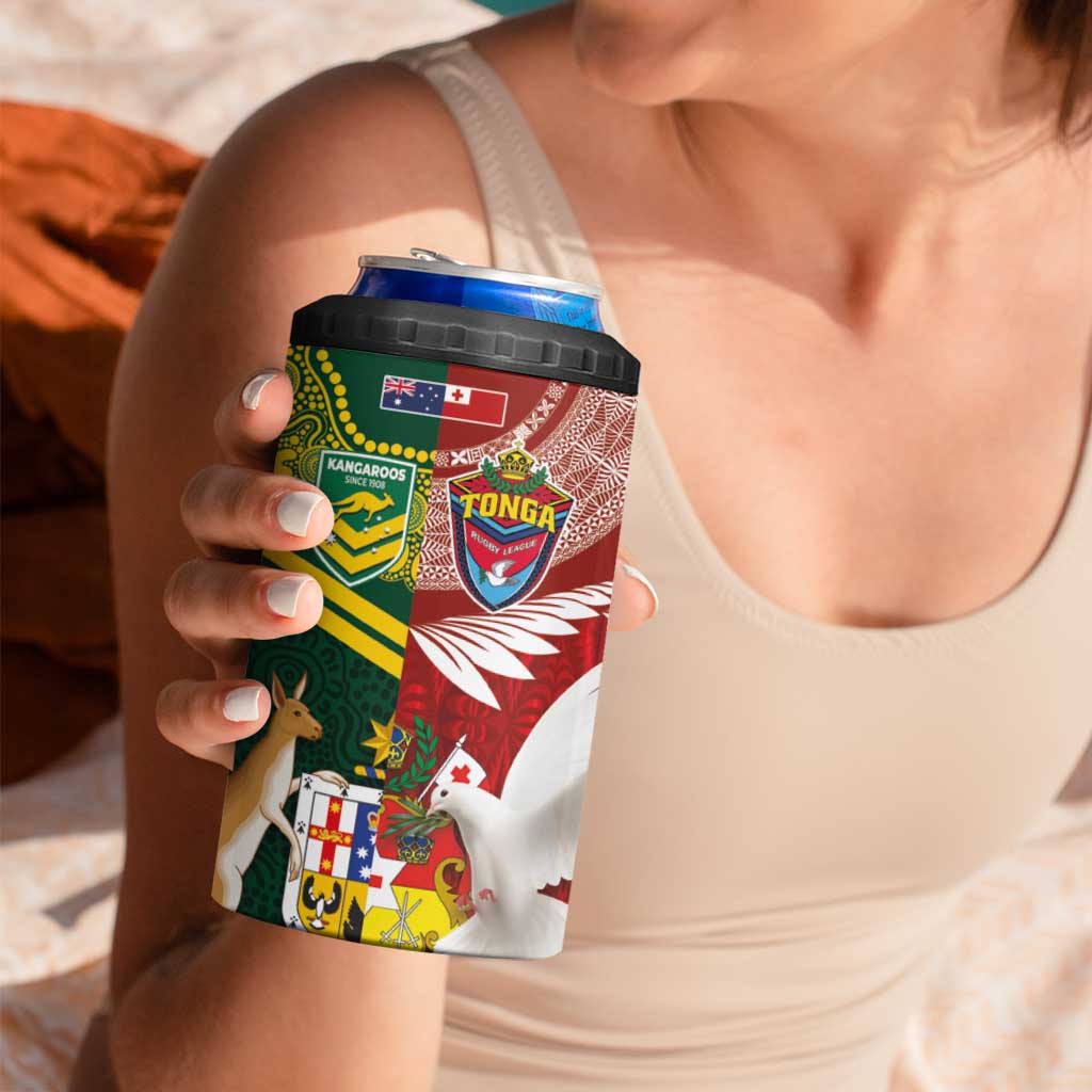 Custom Mate Ma'a Tonga and Australia Kangaroo 4 in 1 Can Cooler Tumbler Nation Seal with Mascot Aboriginal and Tongan Kupesi Ngatu Art LT03 - Polynesian Pride