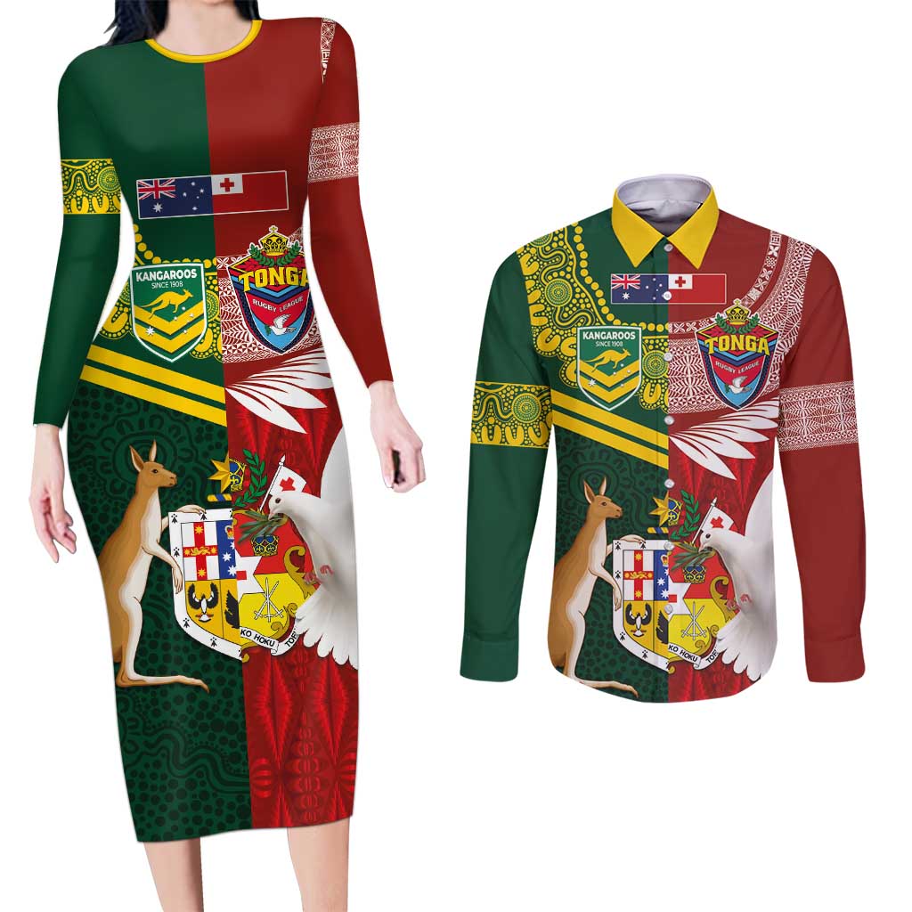 Custom Mate Ma'a Tonga and Australia Kangaroo Couples Matching Long Sleeve Bodycon Dress and Long Sleeve Button Shirt Nation Seal with Mascot Aboriginal and Tongan Kupesi Ngatu Art LT03 Red - Polynesian Pride